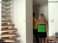 He fucks blonde grandma in black stockings