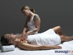 Massage Rooms Gorgeous tanned flexible lesbians make each other cum