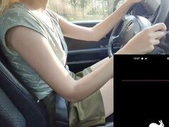 Auto, Handbeurt, Latex, Masturbatie, Openbaar, Rok, Speelgoed, Vibrator