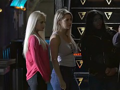 Les Ebony babe pussyfingered by blonde in the storeroom