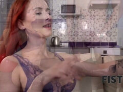 Watch this hot redhead friend in stockings get her tight pussy fisted and doggy-styled