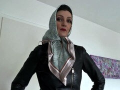 Stylish JOI session with Victoria Valente in a satin headscarf and leather jacket