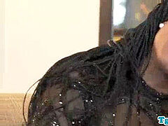 Bigbooty black tranny stretches her pink pucker