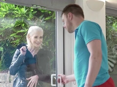 Total granny arrives at his places and quickly seduces him
