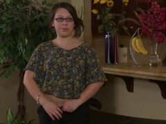 Nerdy housewife rubs hairy pussy in the kitchen