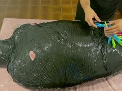 Plastic wrap bondage, femdom handjob, ball gag bondage