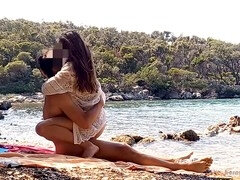 Playa, Morena, Atrapados, Pareja, Hembra, Italiano, Orgasmo, Público