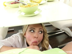 Zoey Taylor sucks stepdad under the table and her mom is none the wiser
