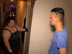 Fat girl blows skinny guy and takes his dick from behind