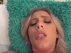 Blonde slut in ripped fishnet pantyhose moans loudly during anal
