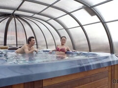 Old and young lovers have awesome sex after relax in jacuzzi