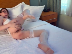 GROOBYGIRLS Tgirl in White Lingerie Uses Red Toy Solo
