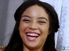 Beautiful Latina Maya Bijou strips out of her jeans and plays with her perfectly hairless pussy as it streams girl-cream.