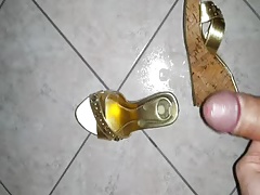 Shoejob .... cum on my wife's gold wedges cork