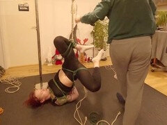 Real couple engages in homemade bondage suspension and rope play featuring submissive girl Nanayamichan