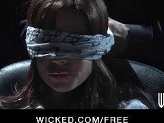 Slutty brunette office Secretary blindfolded fucks her boss