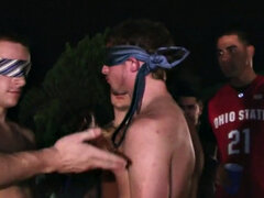 Blindfolded studs hazed in HJ 3some outdoors for frat