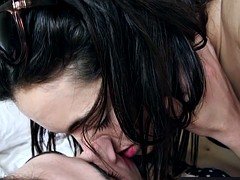 Dark haired babe licks hairy cunt of her lesbian landlady