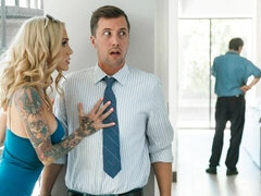 デカパイ, ブロンド, フェラチオ, チン, 手コキする, キッチン, 淫乱熟女, 剃毛