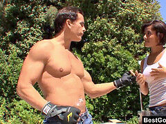 Badpak, Pijpbeurt, Sperma in gezicht, Sportzaal