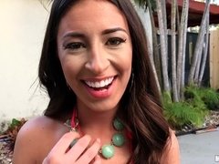 Cute brunette in pink dress gives dude a deep blowjob