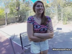 Fucking broke redhead teen for cash on a tennis court