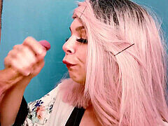Oral creampie, close up, slobbering blowjob