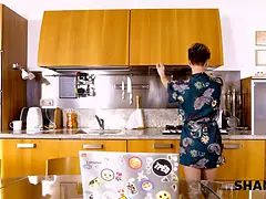 ブロンド, フェラチオ, カップル, キッチン, 熟年, ロシア人, ストッキング, オッパイの