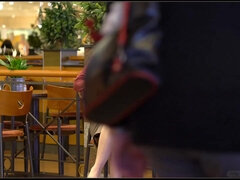 Blonde MILF exhibitionist flashing tits in public restaurant - fetish