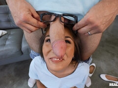 Yumi Sin in glasses is sucking the big cock and licking balls