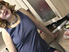 Wife Milf sexy blonde in shirt without panties and bra in stockings high heels continues naked kitchen. Big ass. Pussy. Handjob