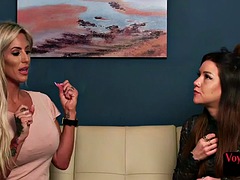 British femdom voyeurs teasing wanker while watching him