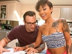 Blowjob, Doggystyle, Doll, Ebony, Handjob, Interracial, Kitchen, Teen