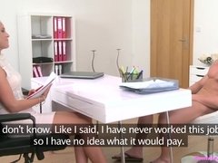 Female agent checks out cock & guy´s abilities