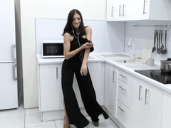 Brunette, Hd, Heels, Kitchen, Masturbation, Natural tits, Teen, Thong