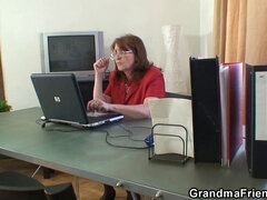 Watch Morgianna's mature pussy get double stuffed in old office threesome