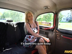 Fake blonde taxi driver Emily Bright fucks her sweet wet pussy with a taxi driver
