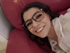 Cute teen wearing glasses and cucking a dude in POV