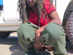 Black MILF Pissing Outside Then Fucked in Car - Hubby Licks Pussy Clean After