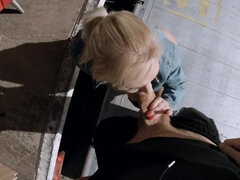 Moving truck driver throws a leg to the blonde in the trunk