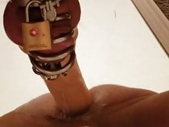 Caged cock taking large dildo in my ass