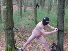 Public Self Bondage with Leather Body Harness and Chains