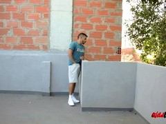 Hung Latino Step daddy Jerking Off His Big Uncut Cock Outdoors Risking Being Caught By A Neighbor