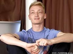 Cute blond twink takes his huge cock out to masturbate