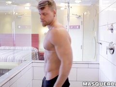 Tank build dude Brad exposes his abs and big dick in the shower