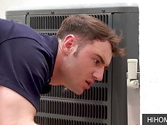 Repair guy drills an ass properly