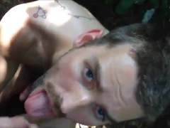 Buddy blows me in the woods and I cum on his face and tongue 6