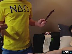 Prank results in ass spank and cock sucking for frat guy!