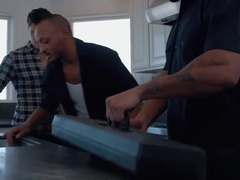 Black plumbers fixing white guy'_s clogged pipe