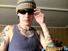 Skinny tattooed hetero thug plays with his unshaved meatpipe